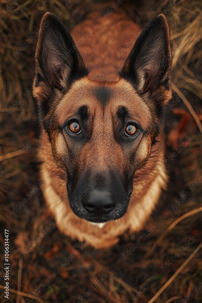 Head shot of alert German Shepherd with black nose and brown ears, in a natural outdoor setting. Head shot of alert German Shepherd with black nose and brown ears, in a natural outdoor setting.