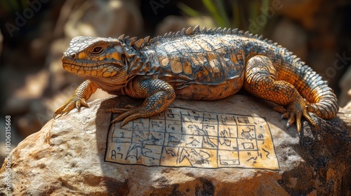 A lizard resting on a rock with ancient symbols engraved.