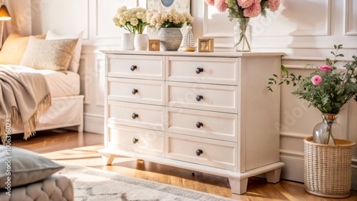 Elegant vintage chest in sunlit bedroom with floral decor and cozy atmosphere