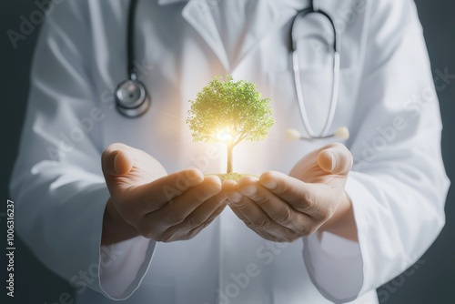 A doctor holds a glowing tree symbolizing health and sustainability, representing the intersection of medicine and nature.