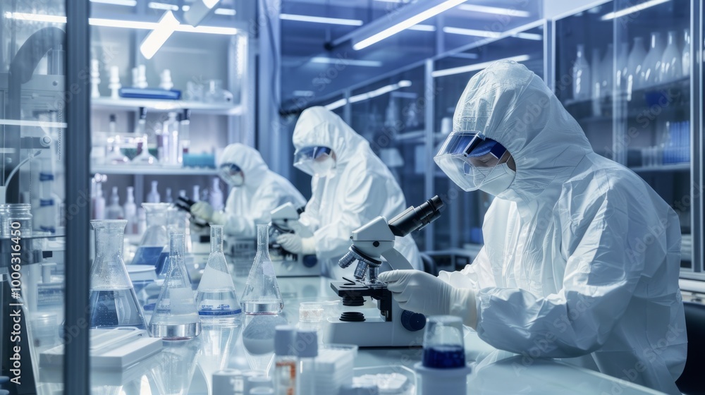 Three scientists in white lab coats are working in a lab Three scientists in white lab coats are working in a lab