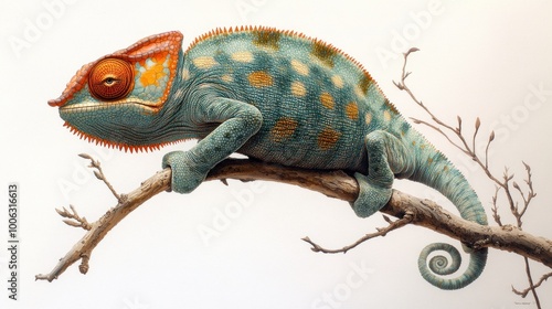 A colorful chameleon perched on a branch, showcasing its vibrant patterns.