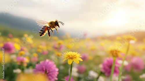 Bees pollinating flowers in a sustainable farm, biodiversity, 3D illustration