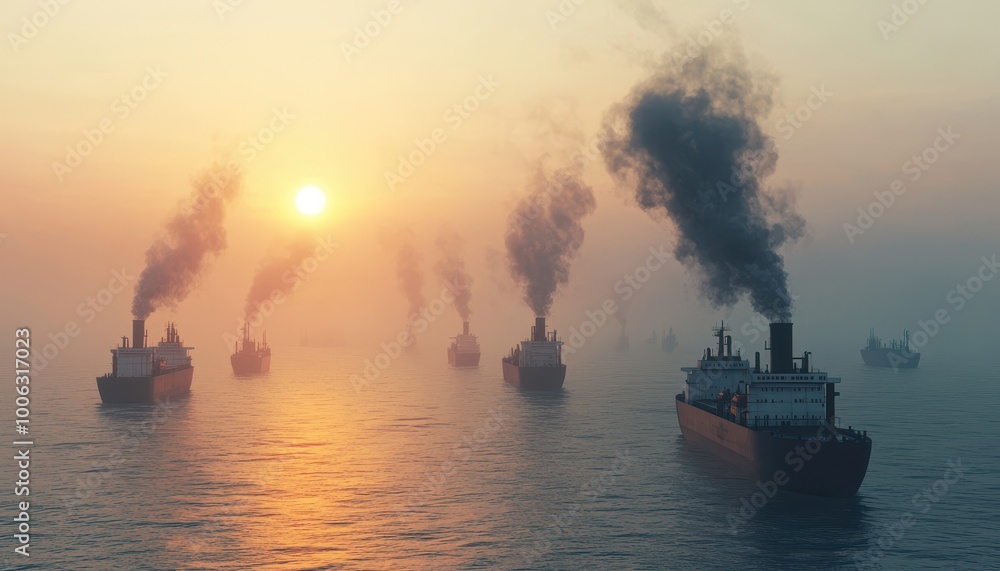 Industrial port with pollution from ships, smog over the ocean, 3D illustration Industrial port with pollution from ships, smog over the ocean, 3D illustration