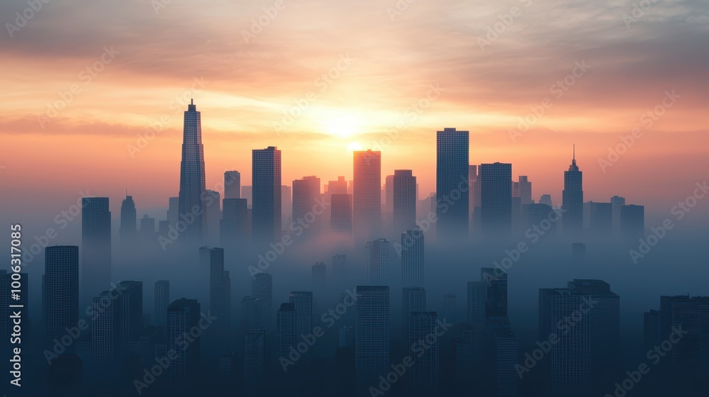 Smog-covered cityscape, air pollution crisis, 3D illustration Smog-covered cityscape, air pollution crisis, 3D illustration