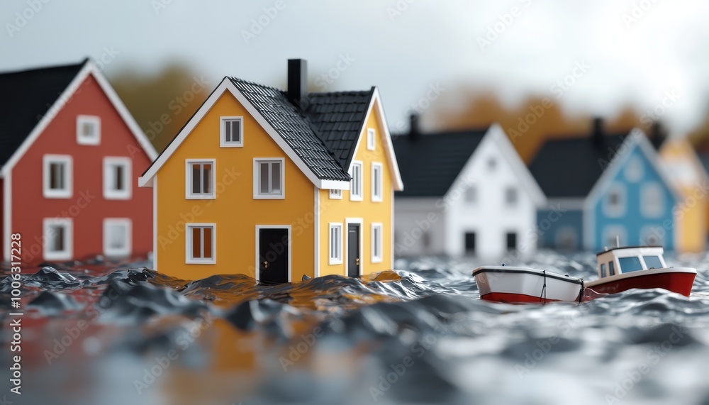 Storm surge overtaking coastal defenses, houses and boats swept away, 3D illustration Storm surge overtaking coastal defenses, houses and boats swept away, 3D illustration