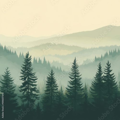 Misty Mountain Majesty: A serene and ethereal landscape painting, showcasing a breathtaking view of a mountain range shrouded in a soft, misty veil.