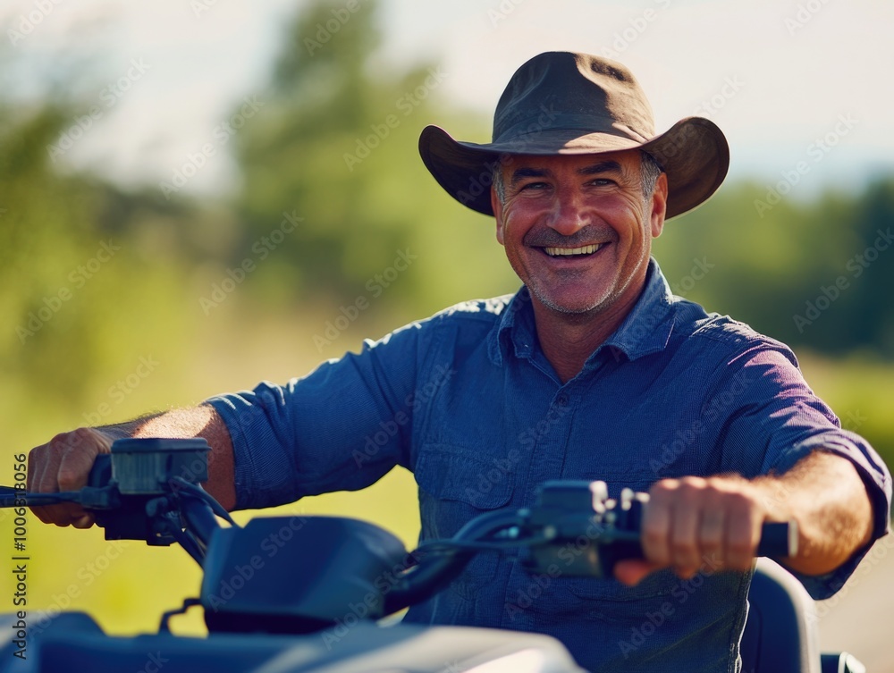 The man is happy on his vehicle. The man is happy on his vehicle.