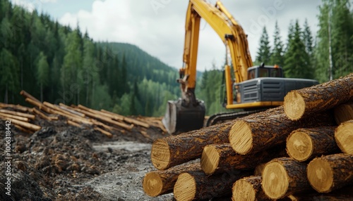 Logging site in a dense forest, trees being harvested, 3D illustration photo