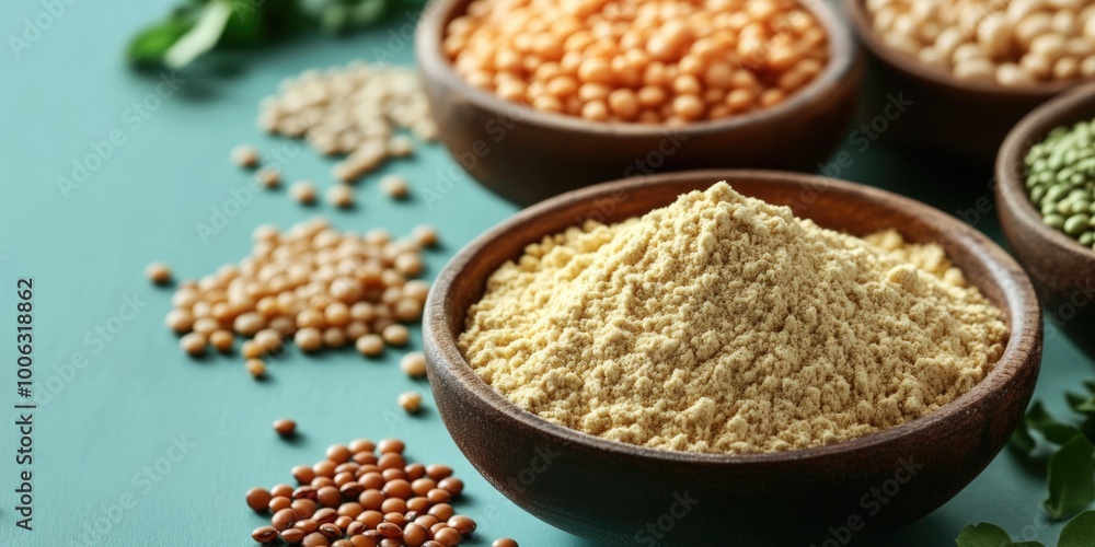 A close-up view of various spices and grains in wooden bowls, suggesting an assortment of flavorful and healthy ingredients for cooking. Variety indicates a rich culinary experience.