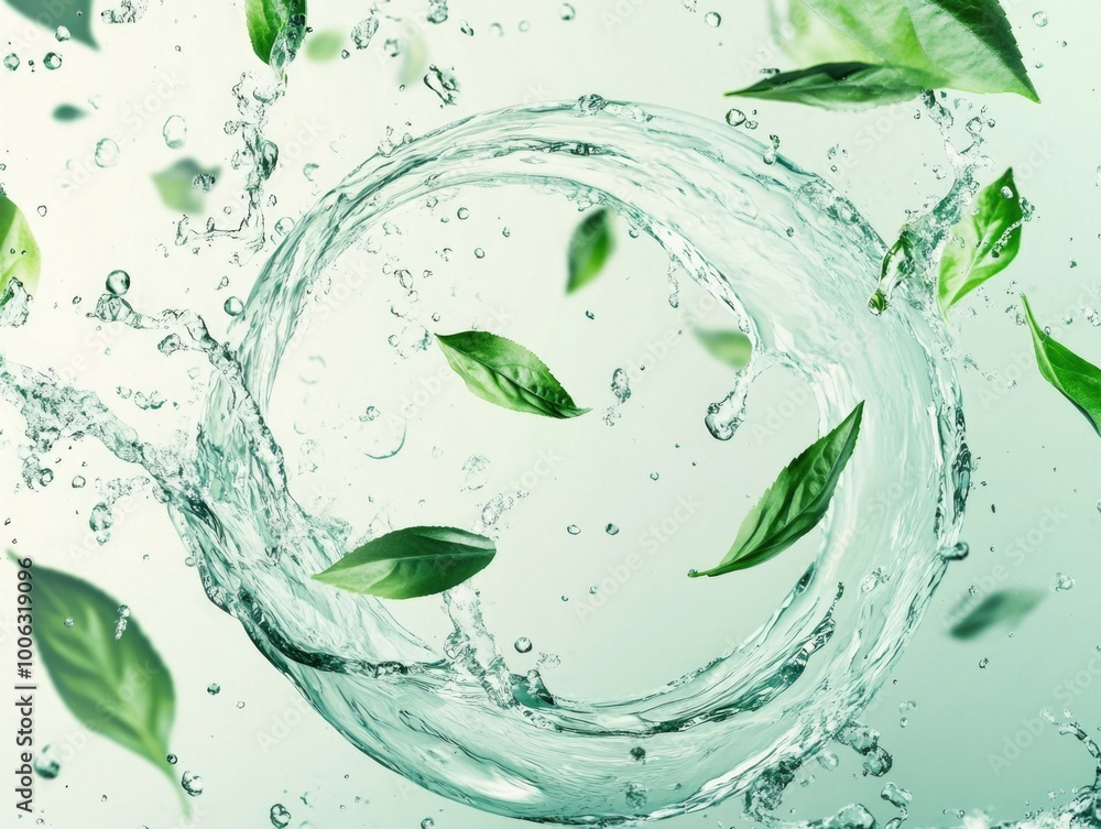 Leafy green tea leaves float atop a clear stream, evoking tranquility and health. Leafy green tea leaves float atop a clear stream, evoking tranquility and health.