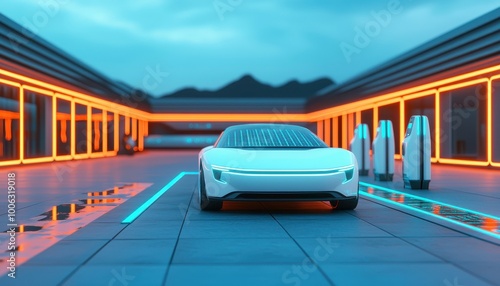 Electric car charging at a solar-powered station, futuristic green energy, 3D illustration photo