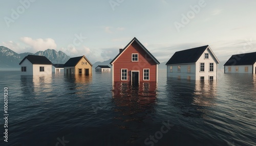 Rising sea levels flooding a coastal town, houses submerged, 3D illustration