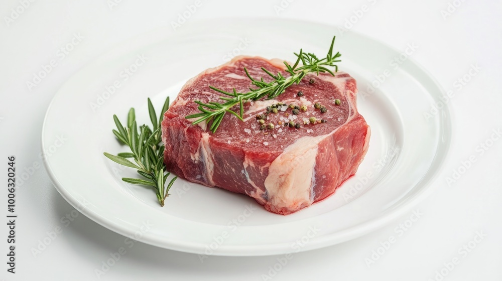 Cut of red meat on plate, seasoned with herbs and salt. Cut of red meat on plate, seasoned with herbs and salt.