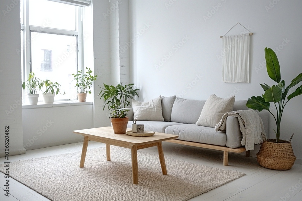 Naklejka premium Modern living room interiors with light gray sofas based on Scandinavian interiors. Generative AI 