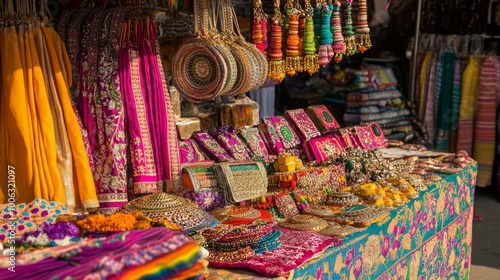 A Navratri festival market stall selling traditional attire and accessories, with vibrant colors and intricate details,