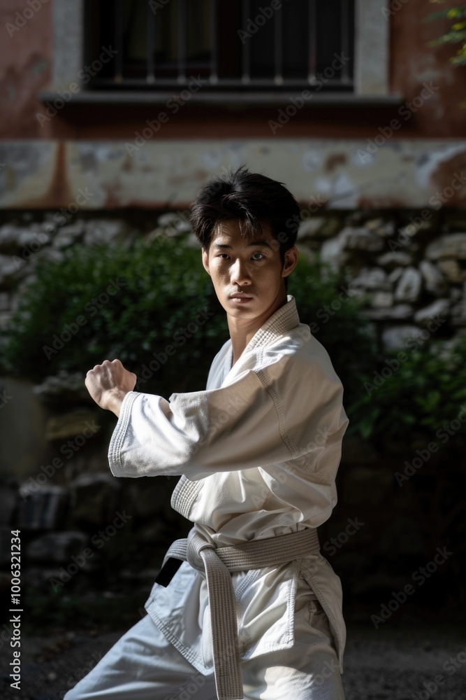 Fototapeta premium A young martial arts practitioner demonstrates his skill in Aikido at a dojo. Dressed traditionally, he stands poised and ready for any challenge.