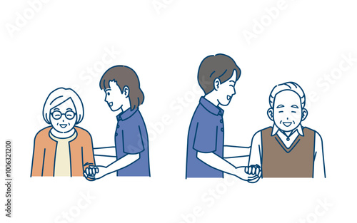 高齢者に手を貸す介護士のイラスト