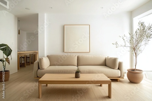 An interior photograph of a modern living room based on a Scandinavian interior. Generative AI 