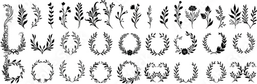 Floral wreath vector collection, decorative botanical elements, hand drawn plant silhouettes, vintage flower branches, leaf laurel design clipart, nature inspired elements, rustic decorations