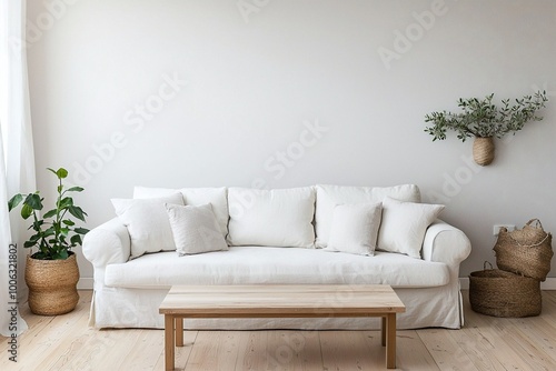 An interior photo of a modern living room with a white sofa based on a Scandinavian interior. Generative AI
 photo