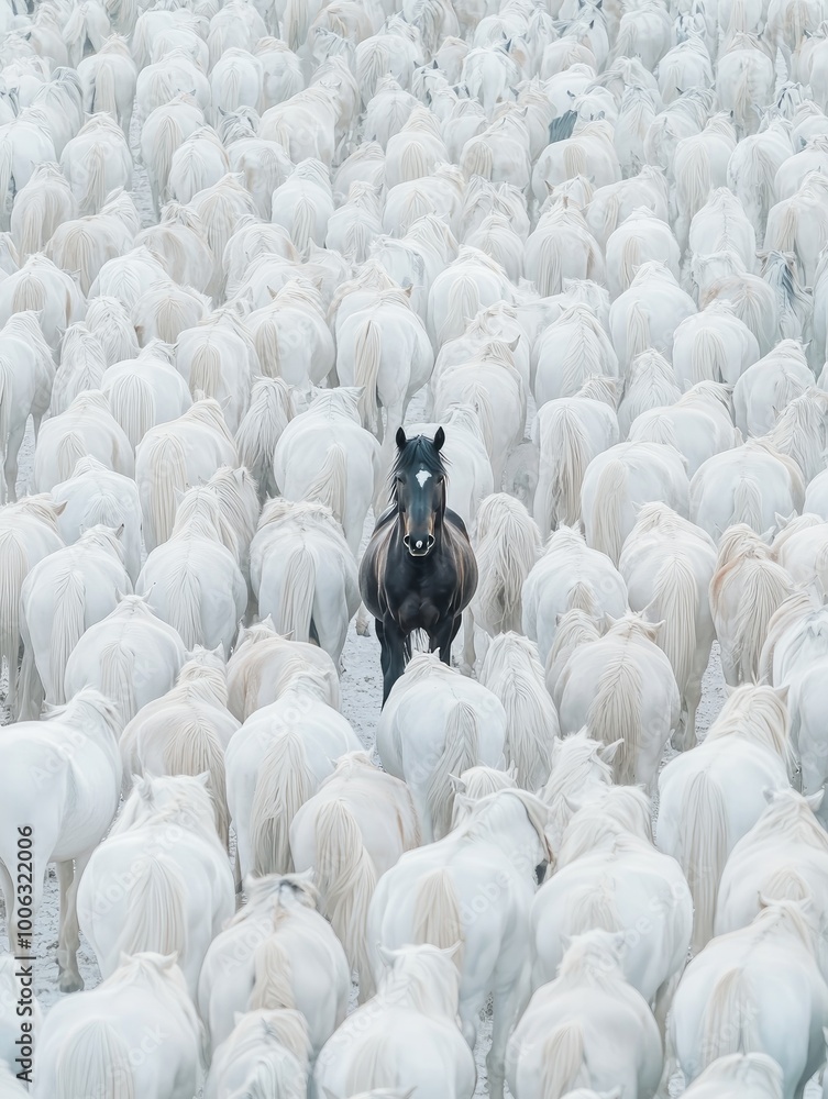 Obraz premium black horse with white walking among dry grasses and yellow wildflowers in the day