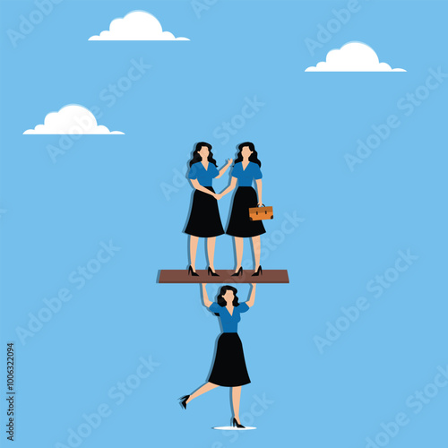 Business negotiation, mediation process, mutually beneficial resolution, communication and interpersonal skills concept, Businesswoman trying to balance negotiation partners on seesaw