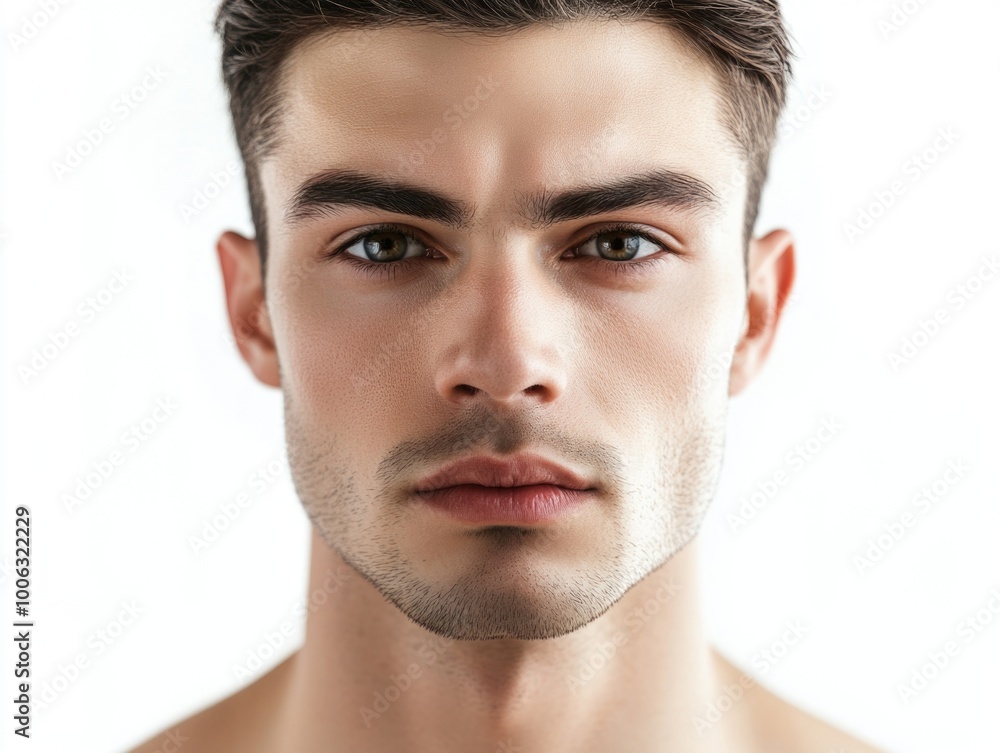 Frontal portrait of young male model with beard and mustache. Handsome features, clear complexion, close up shot against white background. Frontal portrait of young male model with beard and mustache. Handsome features, clear complexion, close up shot against white background.