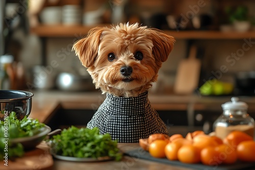 Fototapeta Naklejka Na Ścianę i Meble -  Adorable puppy in a kitchen setting surrounded by fresh ingredients