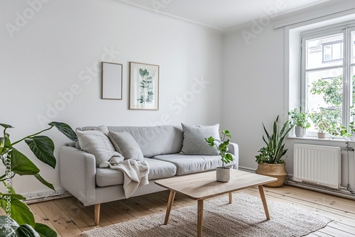 Modern living room interiors with light gray sofas based on Scandinavian interiors. Generative AI 