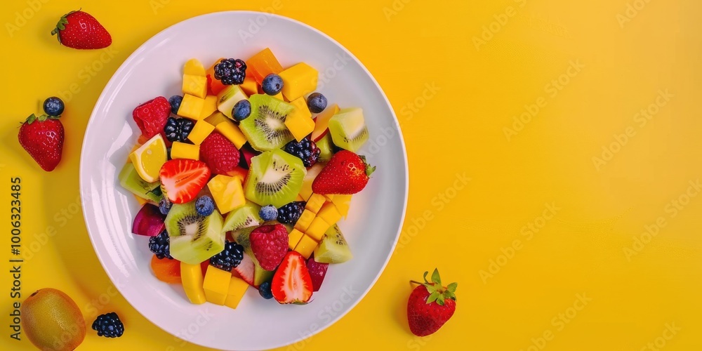 Fresh fruit salad including strawberries, grapes, and blueberries on a white plate against a yellow background. Fresh fruit salad including strawberries, grapes, and blueberries on a white plate against a yellow background.