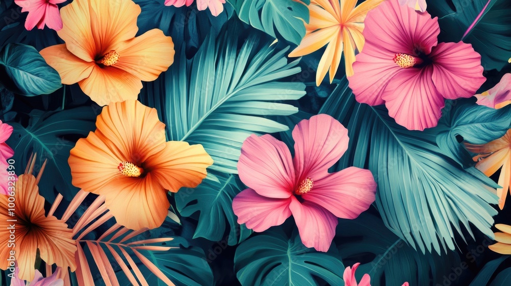 A lively tropical floral pattern featuring pink flowers and palm leaves in a colorful, repeating design. Perfect for decorative surfaces and textiles. A lively tropical floral pattern featuring pink flowers and palm leaves in a colorful, repeating design. Perfect for decorative surfaces and textiles.