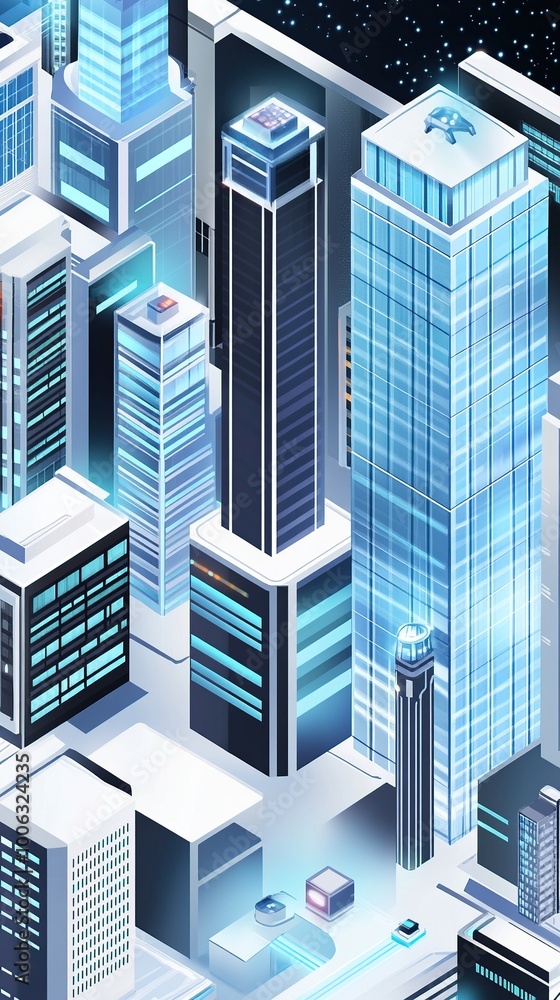 An isometric illustration of a sprawling futuristic city skyline at night. An isometric illustration of a sprawling futuristic city skyline at night.