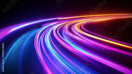  Light speed or high speed warp trails, motion effect movement technology background, abstract futuristic neon light. Scifi futuristic and cyberpunk background.