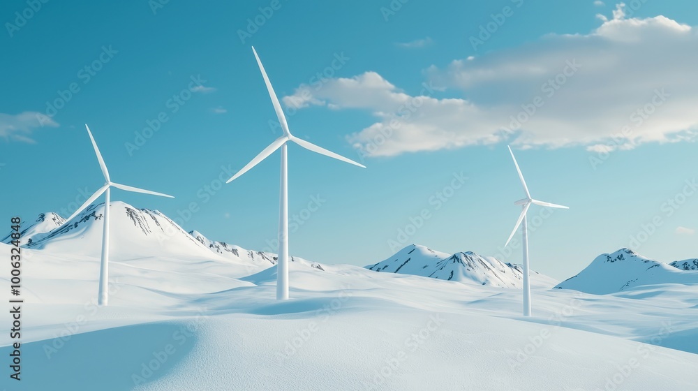 Wind turbines in a snowy landscape, clean energy in winter, 3D illustration Wind turbines in a snowy landscape, clean energy in winter, 3D illustration