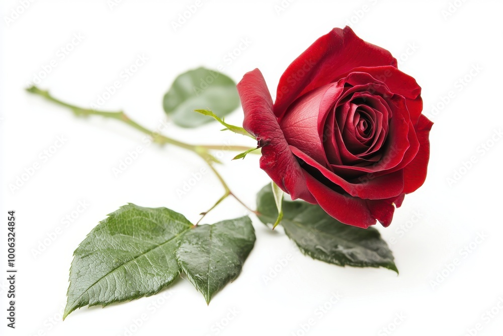 Fototapeta premium Elegant red rose with lush green leaves, perfect for conveying love and romance in various design projects.