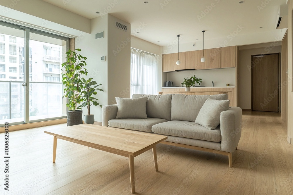 Fototapeta premium Minimalist, Modern living room interiors with light gray sofas based on Scandinavian interiors. Generative AI