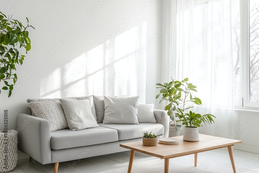 Fototapeta premium Minimalist, A photo of a mid-century modern interior in a modern living room with a fluffy sofa and table and a view of the pot. Generative AI