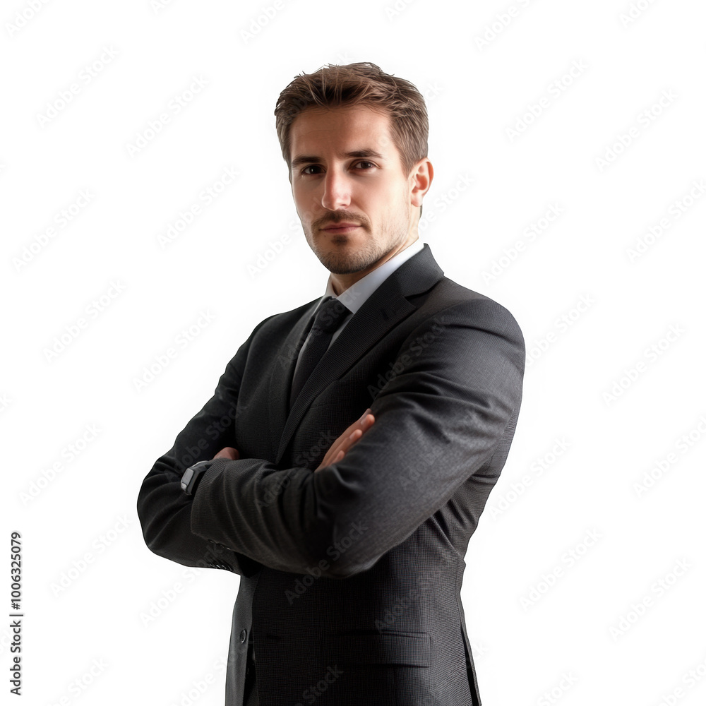Confident Professional: A determined businessman in a tailored suit stands with arms crossed, exuding an air of confidence and leadership. Confident Professional: A determined businessman in a tailored suit stands with arms crossed, exuding an air of confidence and leadership.