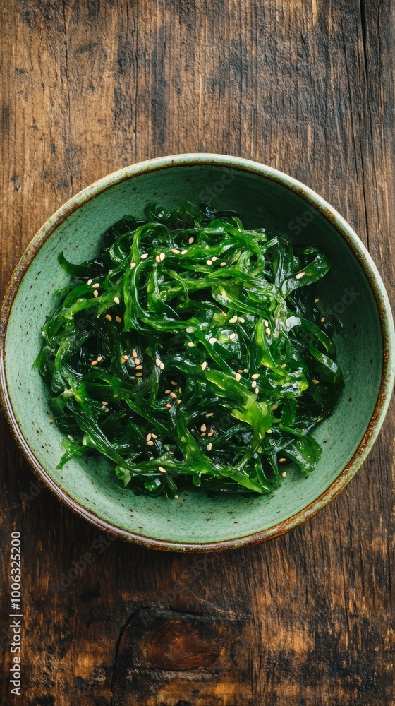 Seaweed salad in ceramic bowl on wooden Seaweed salad in ceramic bowl on wooden