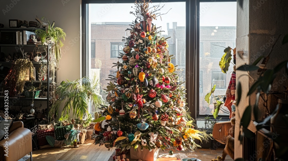A sustainable Christmas tree crafted from recycled materials, adorned with handmade decorations, near a bright clear window. A sustainable Christmas tree crafted from recycled materials, adorned with handmade decorations, near a bright clear window.