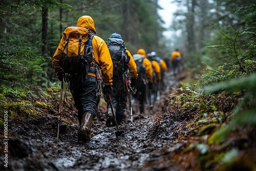 A line of hikers traverse a muddy forest trail in the rain.