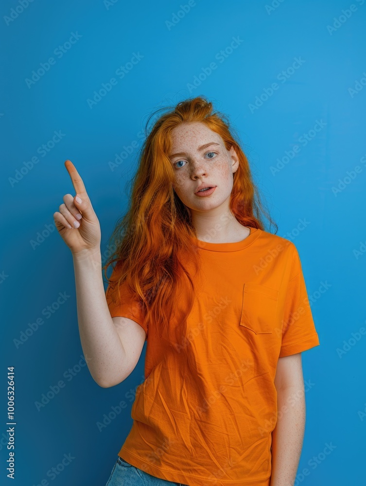 Young woman with red hair wearing an orange t-shirt against a blue wall, pointing upwards. Young woman with red hair wearing an orange t-shirt against a blue wall, pointing upwards.