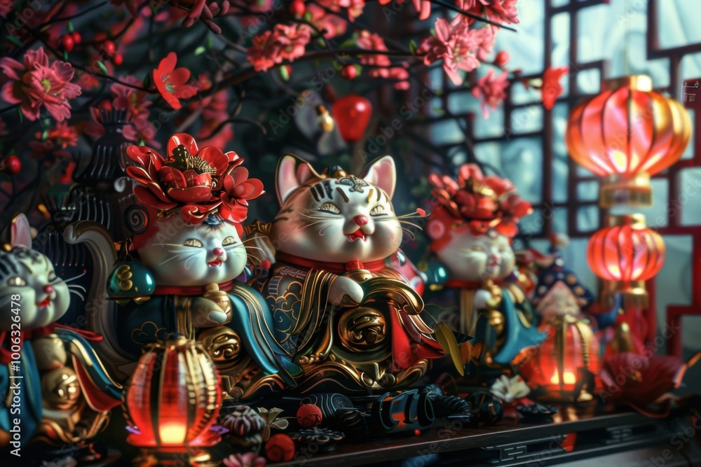 Fototapeta premium Maneki-Neko cats, symbolizing luck, wealth, and prosperity. Perfect for themes of Asian culture, good fortune, and tradition.