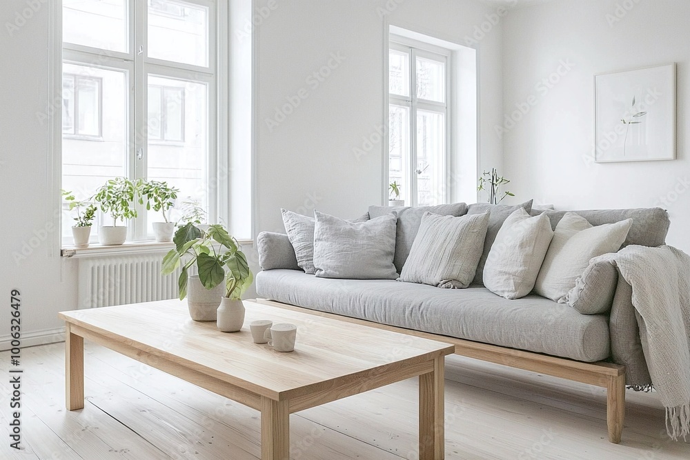 Fototapeta premium Minimalist, A photo of a mid-century modern interior in a modern living room with a fluffy sofa and table and a view of the pot. Generative AI
