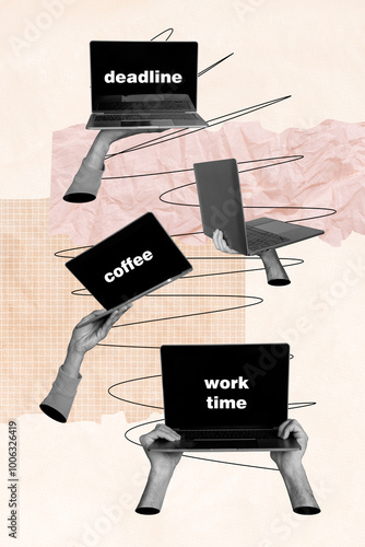 Vertical illustration collage template image of hands holding laptops gadgets deadlines coffee and work time isolated on beige background