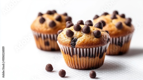 Three muffins with chocolate chips on top. The muffins are sitting on a white background. The muffins are arranged in a row, with the middle muffin slightly larger than the other two