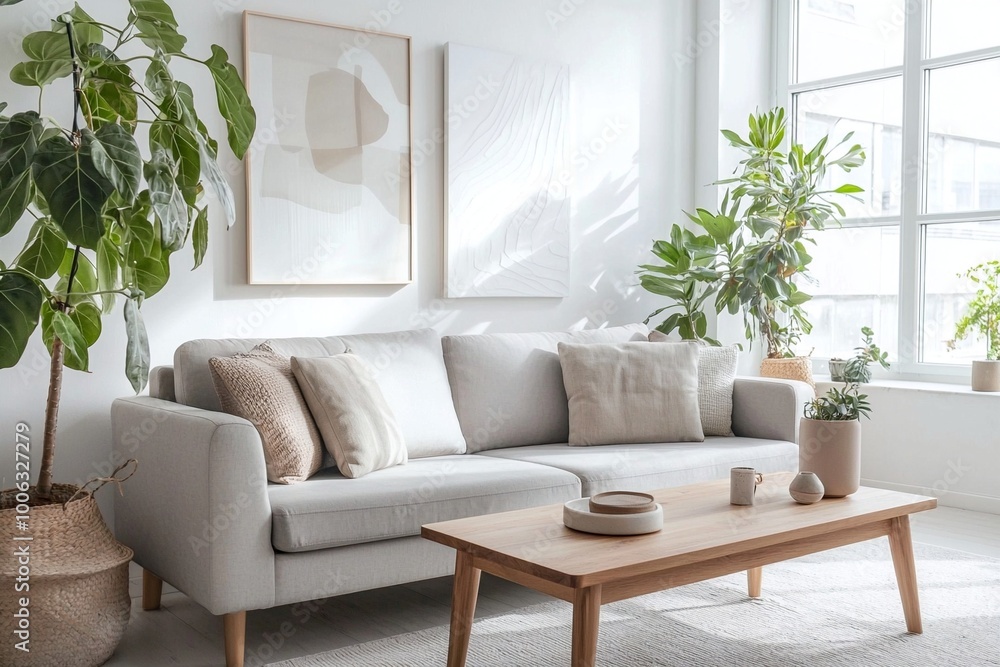 Minimalist, A photo of a mid-century modern interior in a modern living room with a fluffy sofa and table and a view of the pot. Generative AI Minimalist, A photo of a mid-century modern interior in a modern living room with a fluffy sofa and table and a view of the pot. Generative AI