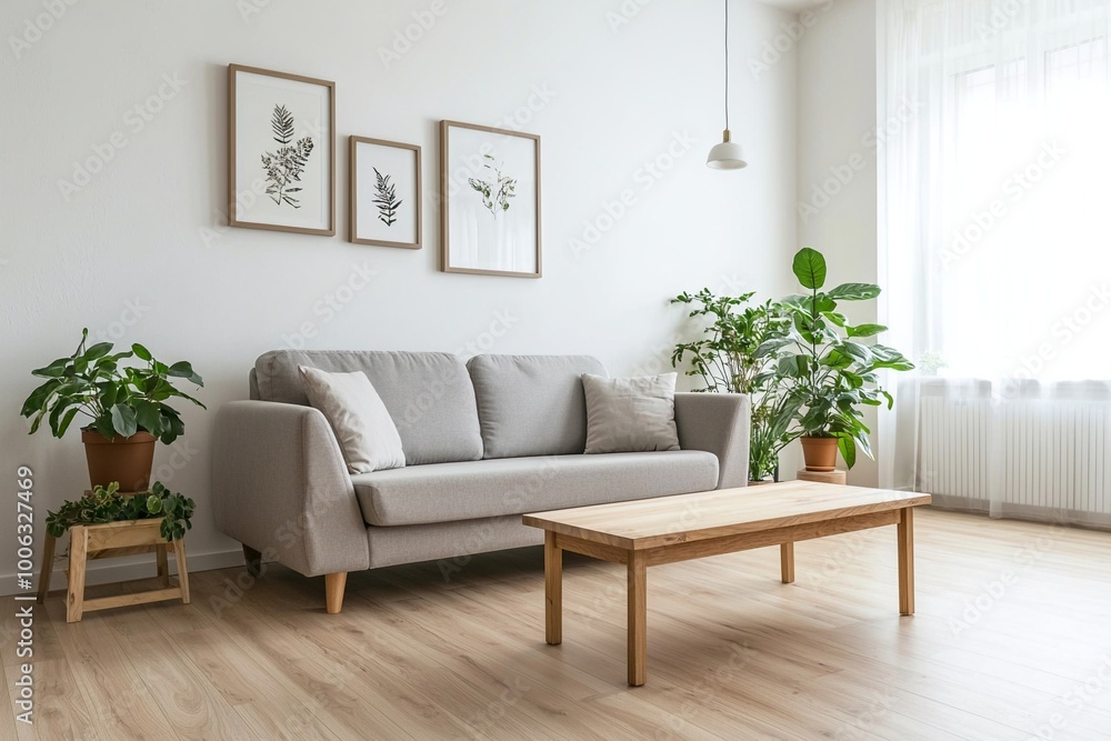 custom made wallpaper toronto digitalMinimalist, A photo of a mid-century modern interior in a modern living room with a fluffy sofa and table and a view of the pot. Generative AI