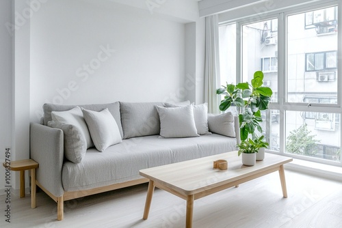 Minimalist, A photo of a mid-century modern interior in a modern living room with a fluffy sofa and table and a view of the pot. Generative AI